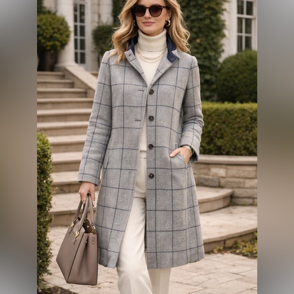 J. McLaughlin Reversible Wool Blend Plaid Coat Gray Blue Classic S 38138 - Picture 2 of 11